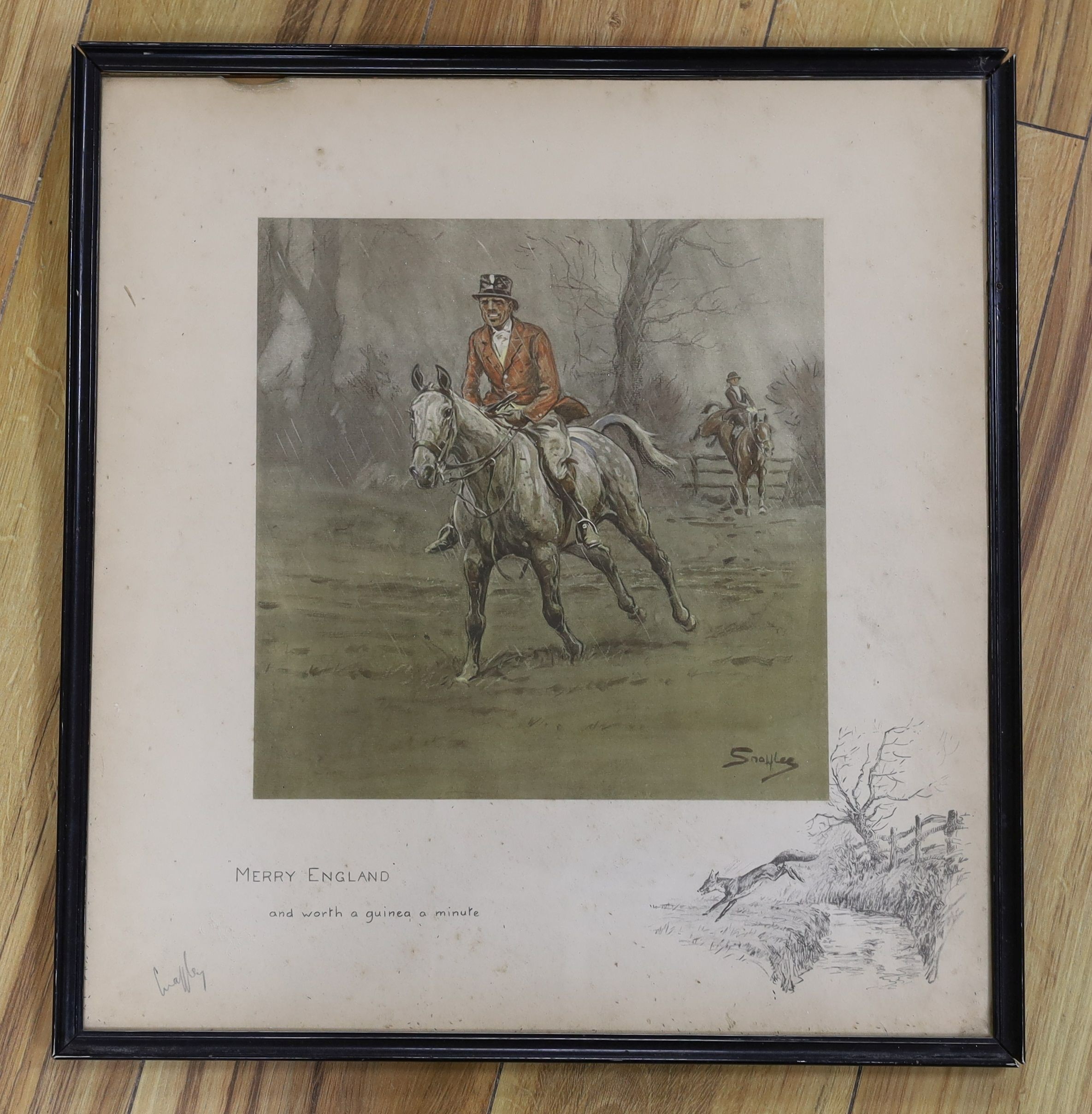 Charles Johnson Payne (Snaffles) five coloured prints, signed in pencil and bit proof stamped two other Snaffles prints and assorted other hunting prints Largest 32x59cm